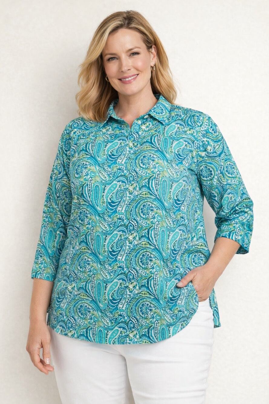 Talbots Women’s 2X Turquoise Blue Paisley Blouse 3/4 Sleeve Collared Popover